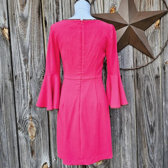 Pink Trina Turk Dress Bromely Size 2 Bright Stretch Flare Bell Sleeve Crop - Picture 3 of 10